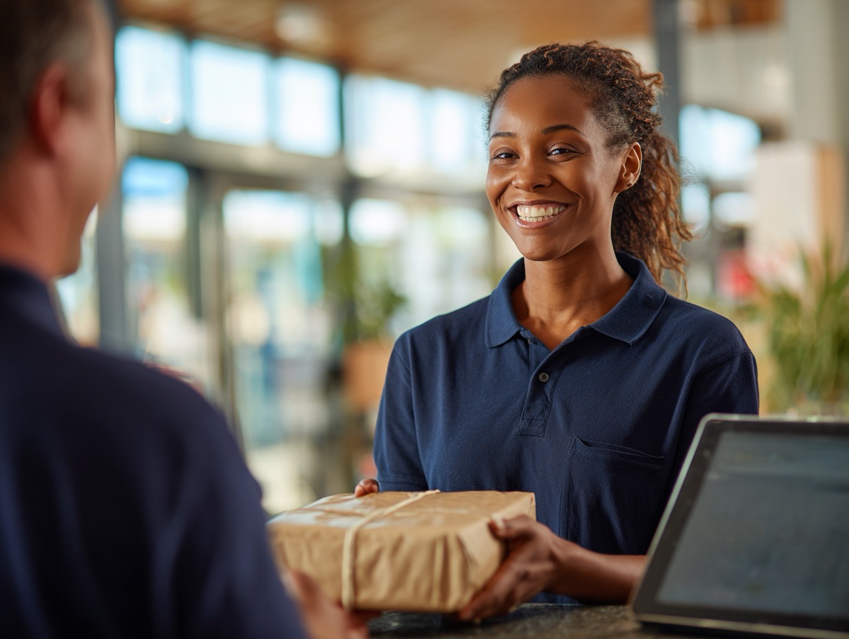 Staff member handing a parcel to a customer at the pickup counter