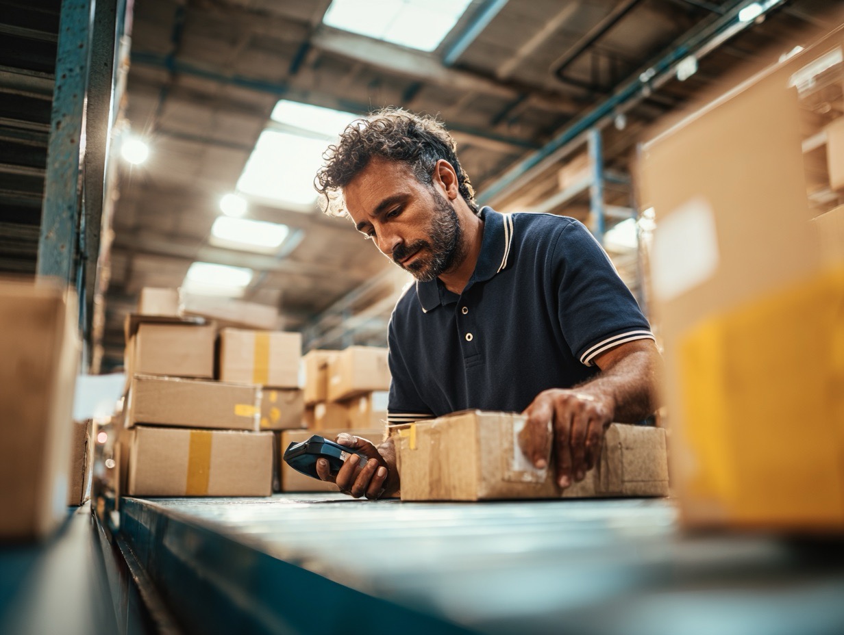 Warehouse staff scanning an inbound package at the intake bench