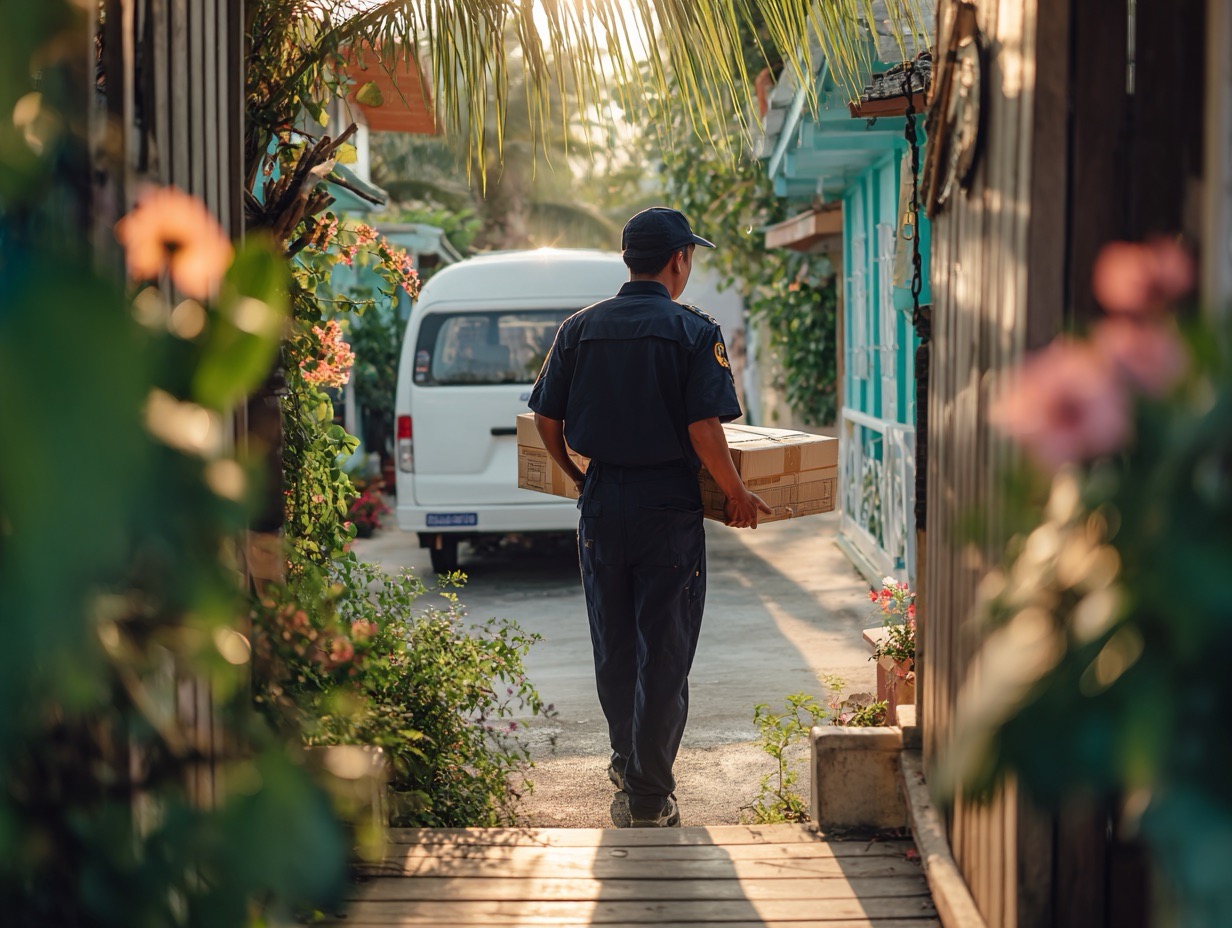 Courier carrying a parcel from a delivery van to a customer's door