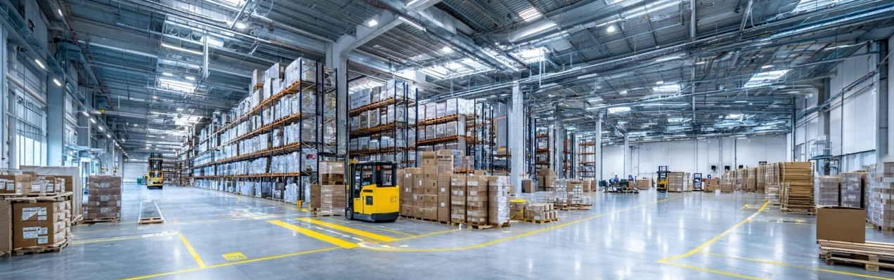 Interior of a freight forwarding warehouse with shelved parcels and staff at a packing station